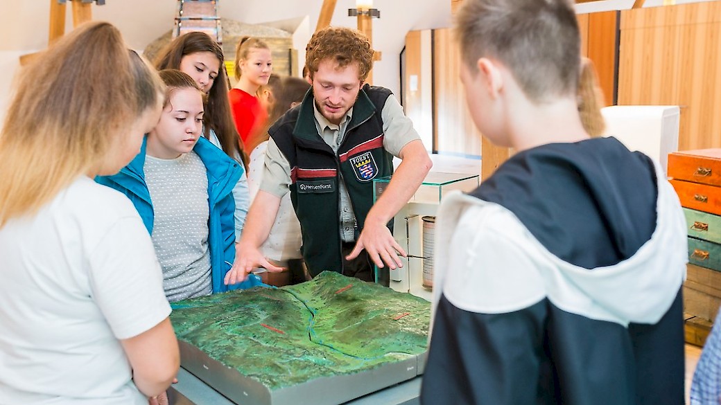 Bei diesem Geologie Modell mit Seismographen wird die Entstehung eines Erdbebens simuliert.  Bildquelle: Umweltbildungszentrum Schatzinsel Kühkopf, Hofgut Guntershausen, Stockstadt am Rhein; Foto Kristof Lemp